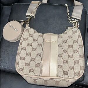 Bebe Beige and Brown Logo Shoulder Bag